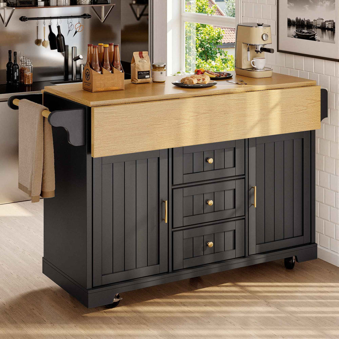 Extendable kitchen island trolley dining bar table wooden and black storage INFINITEMOME