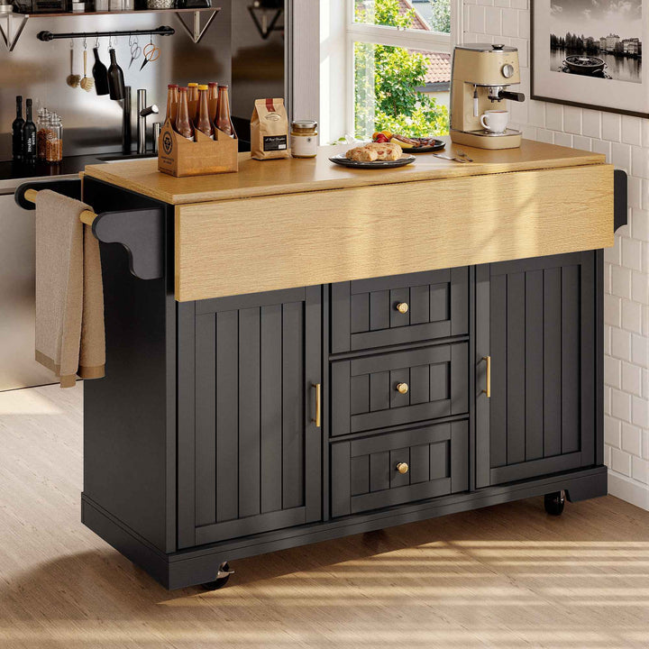 Extendable kitchen island trolley dining bar table wooden and black storage INFINITEMOME