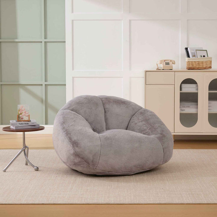 Lazy chair shell shaped sofa light grey faux fur, memory foam bean bag chair removable cover