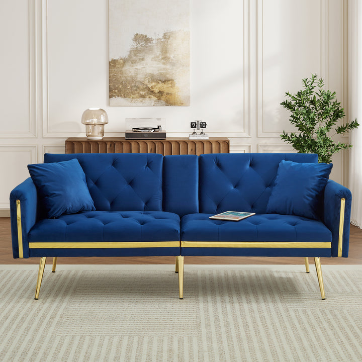 Blue velvet tufted 2-seater sofa bed with gold legs hidden fold-down cup holder FUMAROLEVENT