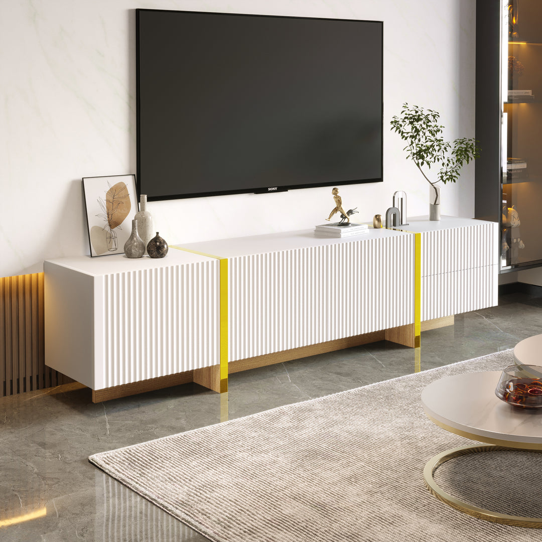 White fluted TV cabinet 3 doors, 2 drawers 190cm gloden accent CONNECTIV