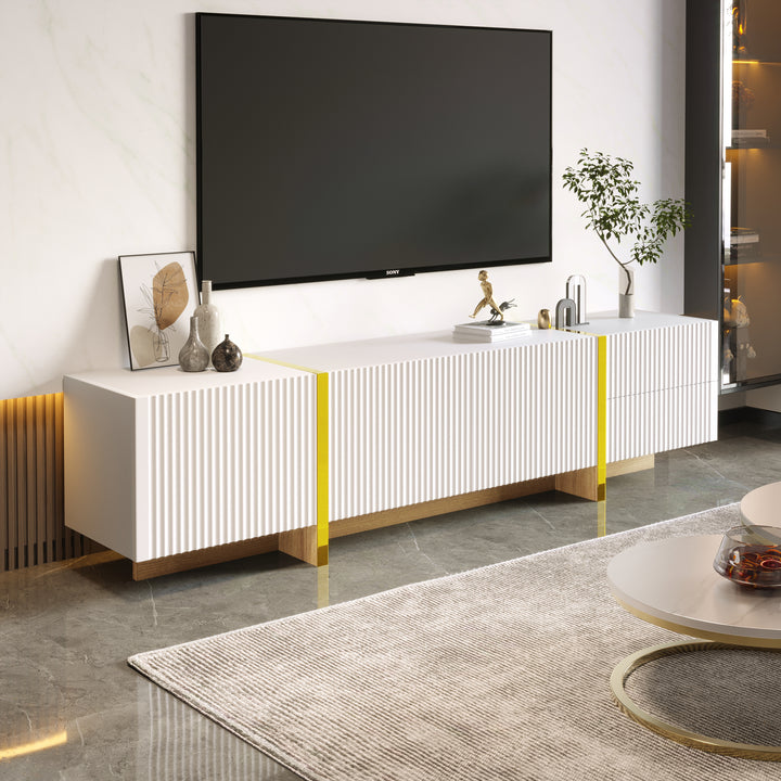 White fluted TV cabinet 3 doors, 2 drawers 190cm gloden accent CONNECTIV