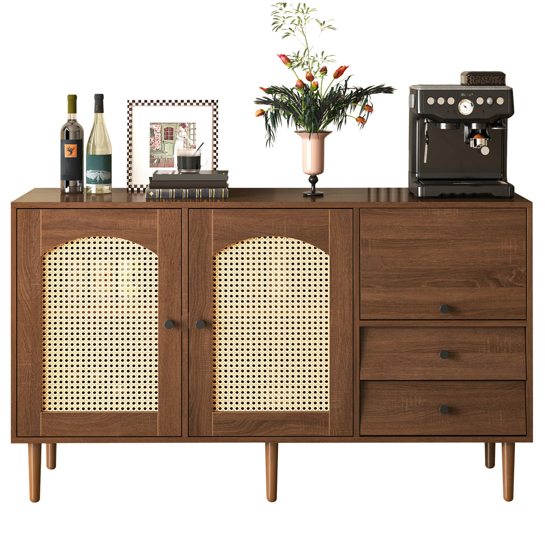 Wooden rattan sideboard vintage 3 doors 2 drawers 130x40x75.5cm SEAGRASSBED UK