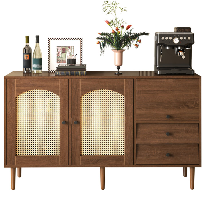 Wooden rattan sideboard vintage 3 doors 2 drawers 130x40x75.5cm SEAGRASSBED UK