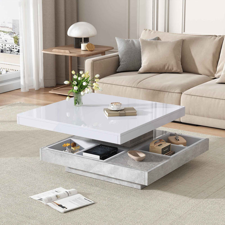 Rotating 360° white high-gloss coffee table marble-patterned, double-layer storage FLARENEXUSA