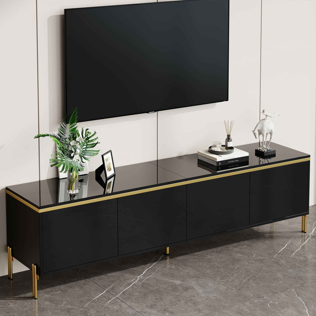 Black high-gloss TV stand with golden trim with 4 doors storage 170x38x50cm RACKSTONE