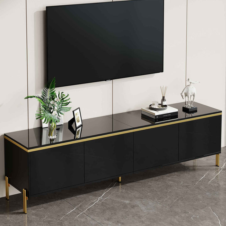 Black high-gloss TV stand with golden trim with 4 doors storage 170x38x50cm RACKSTONE