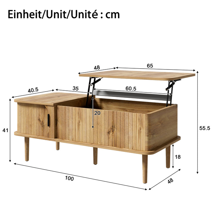 Retro Lift-Top Natural Wooden Look Coffee Table with 3D Wave 95cm ARROWLAMP
