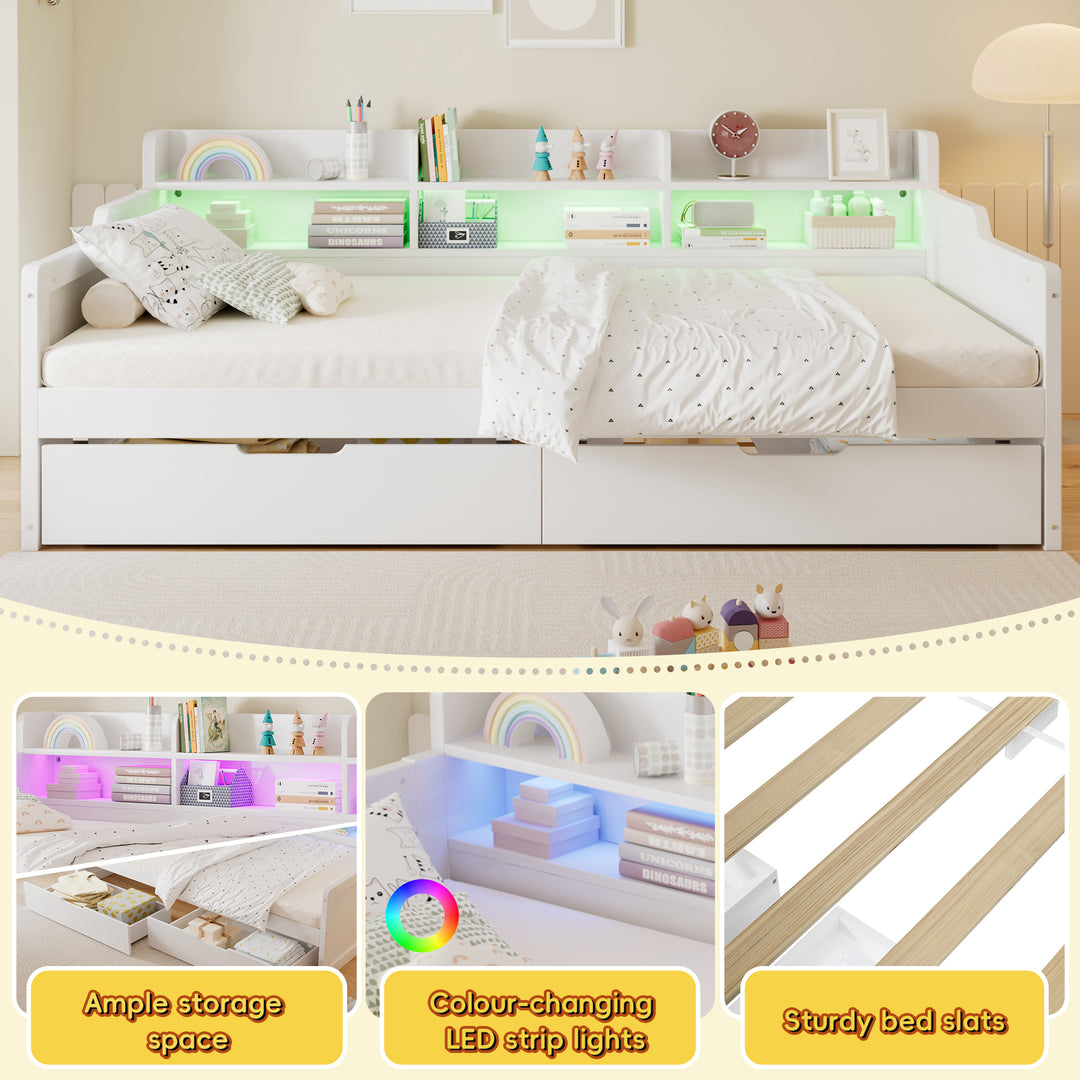 White Wooden Single Daybed Storage with 2 Wheeled Drawers and LED Light 90x190cm WOODWARDROBE