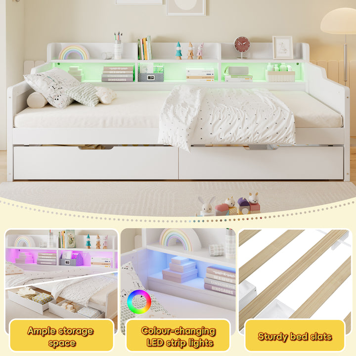 White Wooden Single Daybed Storage with 2 Wheeled Drawers and LED Light 90x190cm WOODWARDROBE