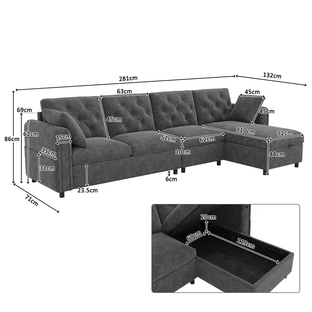 Modern L-shaped 3-seater velvet grey sectional sofa with storage chaise 281x132x86cm ELEGANT STEEL MAX