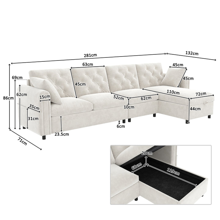 Modern L-shaped 3-seater velvet beige sectional sofa with storage chaise 281x132x86cm ELEGANT STEEL LINE