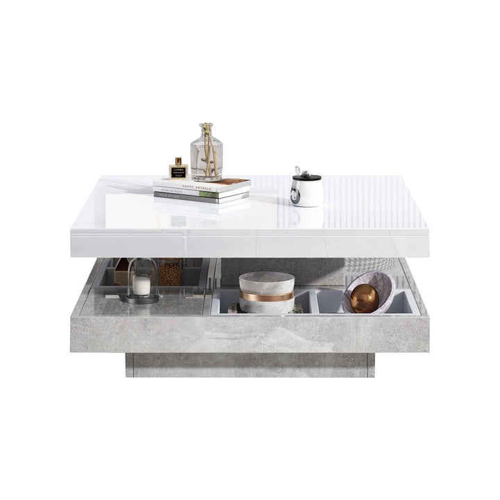 Rotating 360° white high-gloss coffee table marble-patterned, double-layer storage FLARENEXUSA