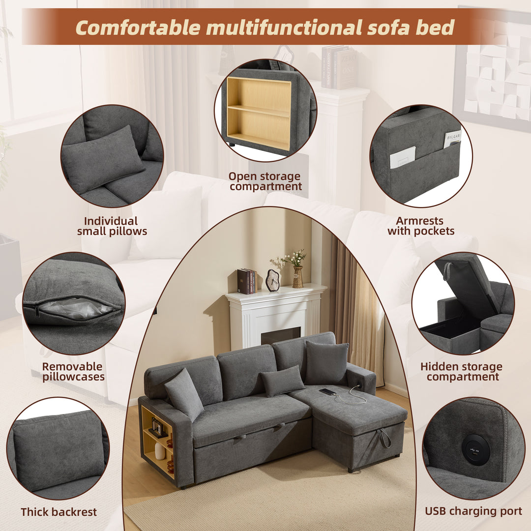 Grey L-shaped corner sofa bed, side shelf with integrated USB and storage VOLATILGAS