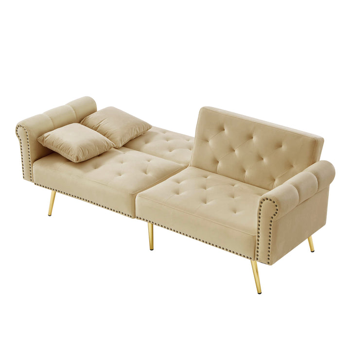 Modern upholstery velvet beige 2-seater sofa bed, adjustable backrest & gold-plated metal feet EUKARYOT