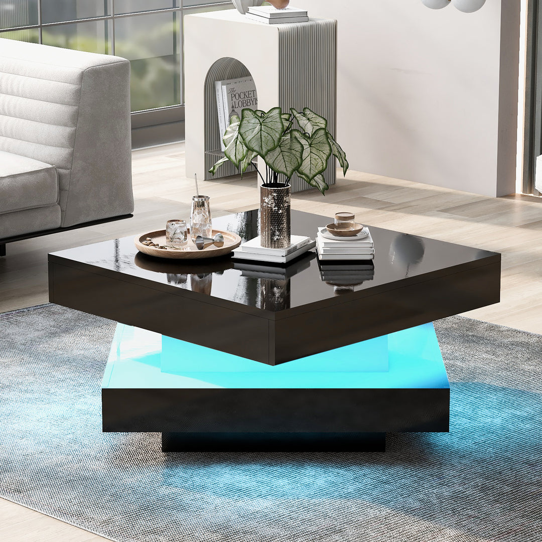 Black high gloss square coffee table with 360° rotating top LED lighting KERATINSCALE