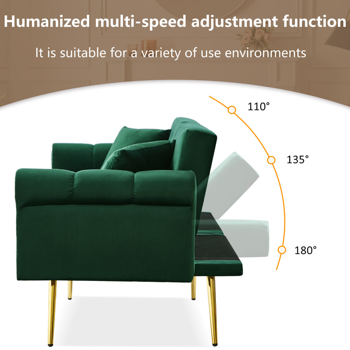Green velvet 2-seater sofa bed with adjustable backrest and gold legs CAKDERA