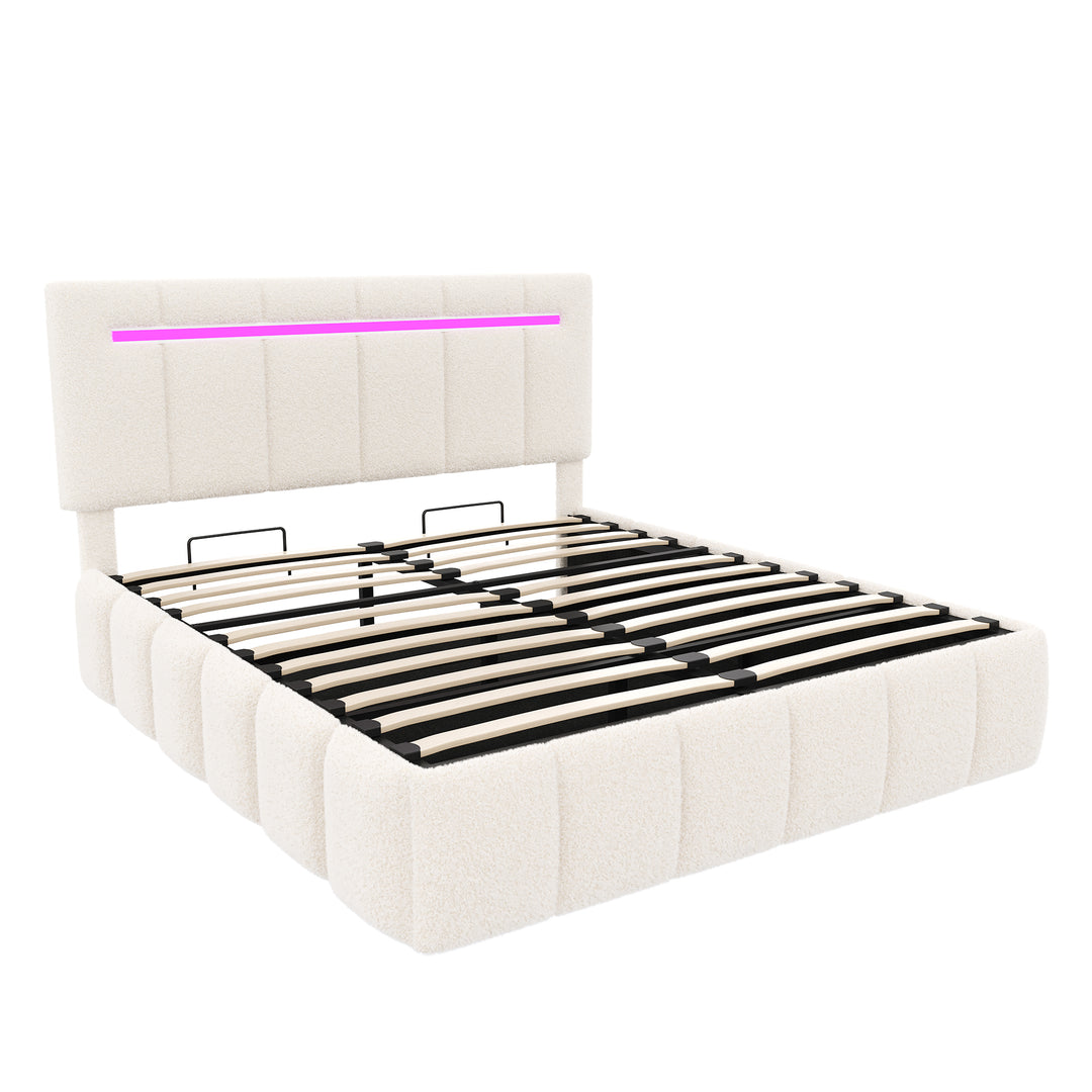 Upholstered beige boucle divan double bed with storage LED lights 135x190cm MAGMASWELL UK