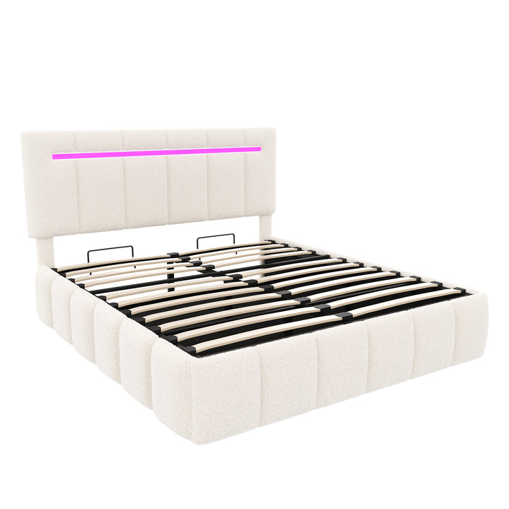 Upholstered beige boucle divan double bed with storage LED lights 135x190cm MAGMASWELL UK