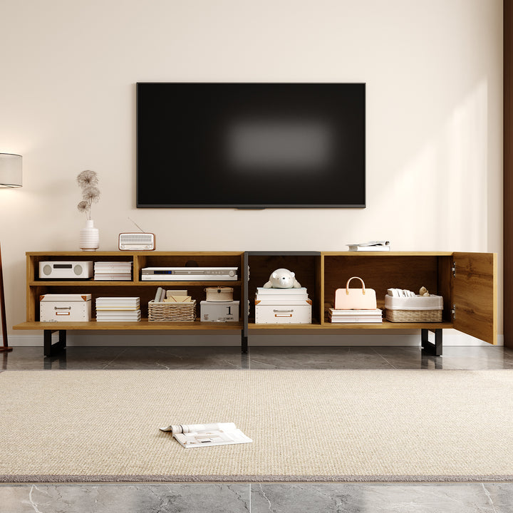 Colorblock TV cabinet retro wood grain compartments, U-shaped metal legs RESPIRATO