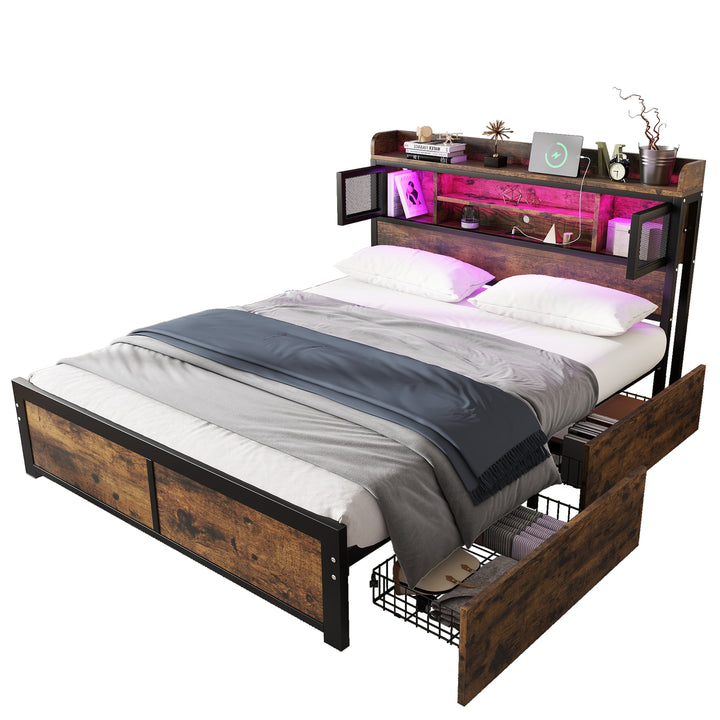 Multifunctional wooden look double bed&nbsp; with LED lighting, 2 drawers & charging ports (135x190cm) ELATERSPRING