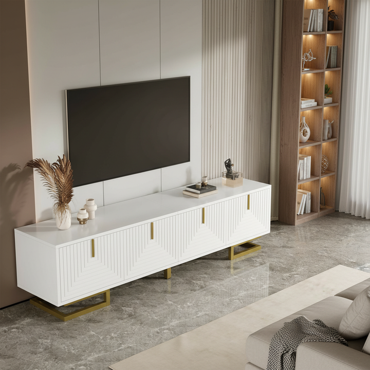 Modern luxury white TV stand textured geometric design with gold accents VIGOURE