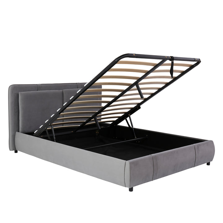 Upholstered velvet grey, hydraulic ottoman double bed with storage function 135×190cm KELPFROND