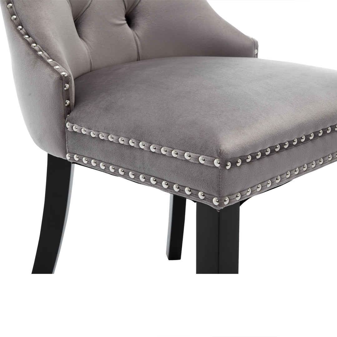Set of 4 dining chairs velvet grey tufted with solid wood legs, nailheads and back chrome ring NOBLEE