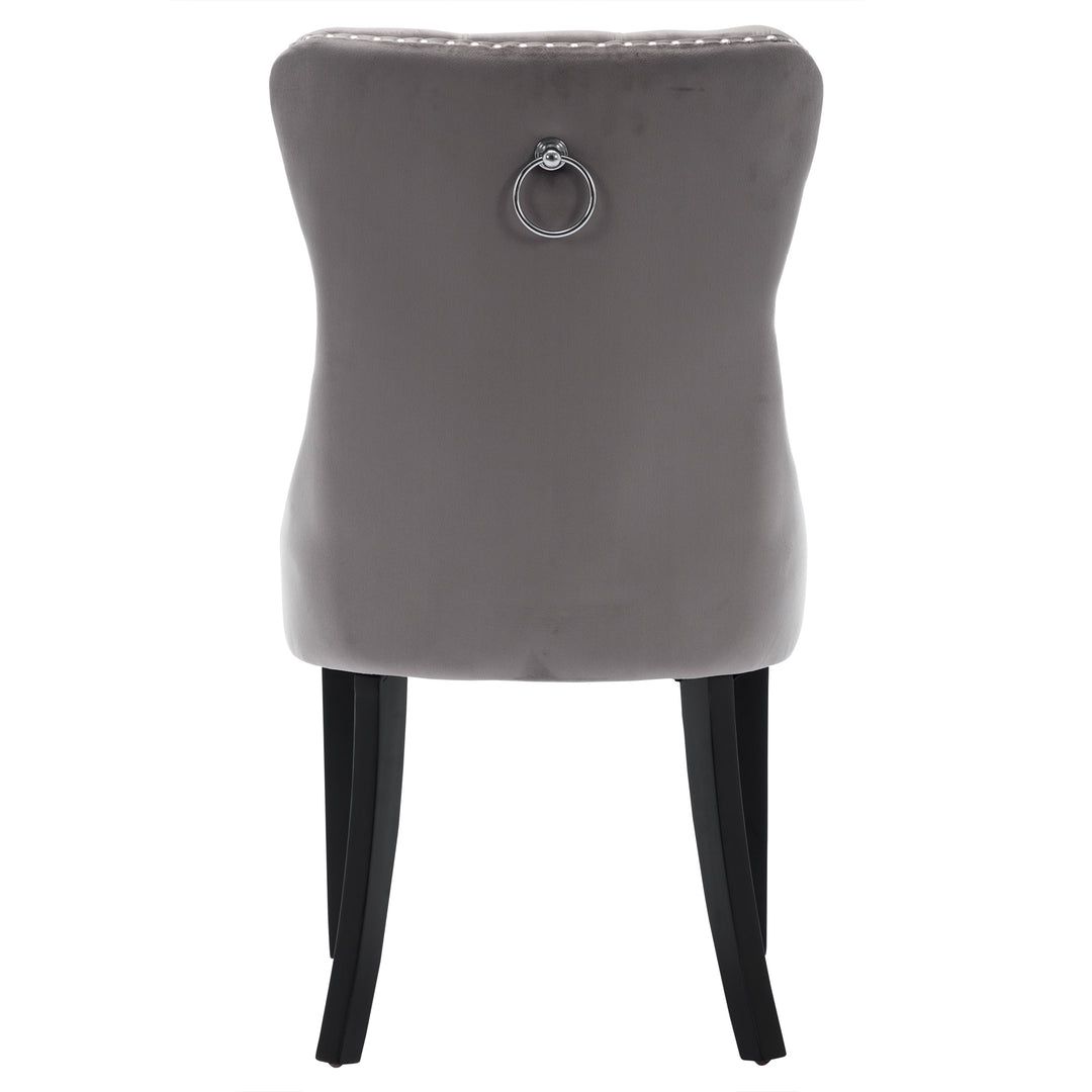 Set of 4 dining chairs velvet grey tufted with solid wood legs, nailheads and back chrome ring NOBLEE