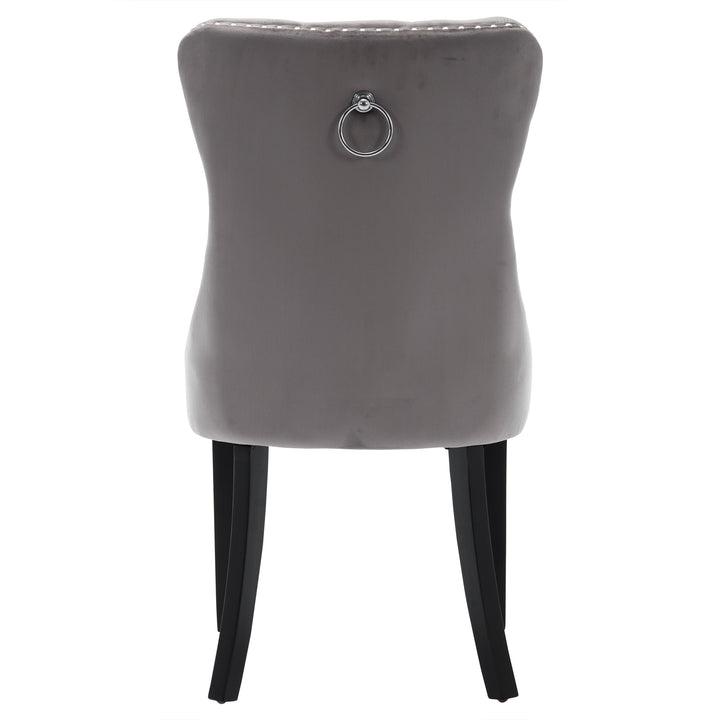 Set of 4 dining chairs velvet grey tufted with solid wood legs, nailheads and back chrome ring NOBLEE