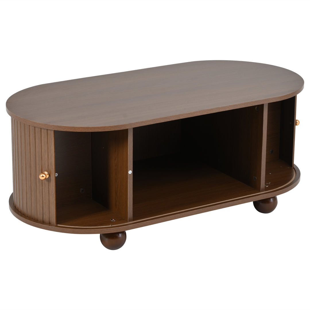 Retro wooden look oval coffee table with 2 sliding storage doors CUNEIFORMWEDGE
