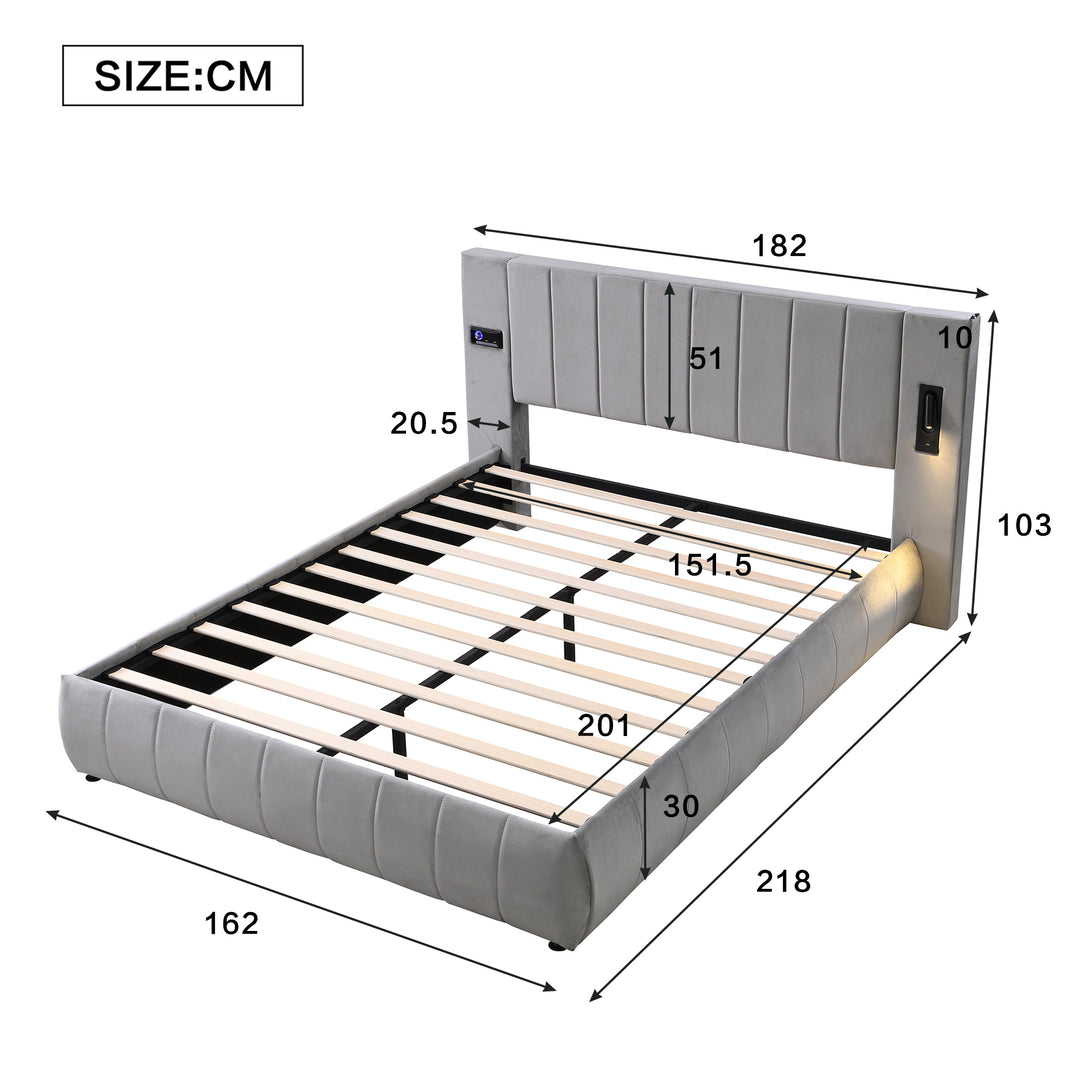 Upholstered velvet grey king bed with sound stereo, lamps and charging ports 150x200cm PNEUMATOPHORE UK