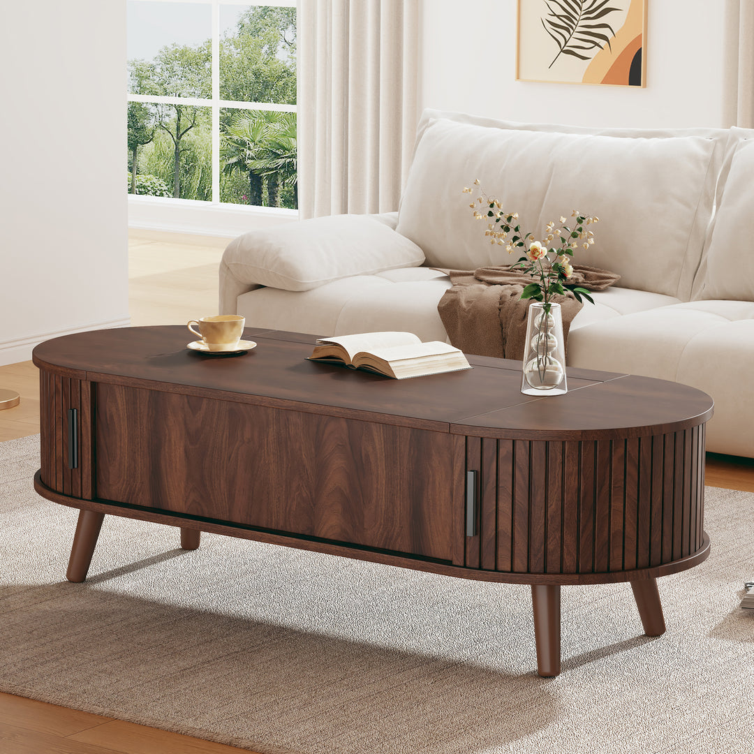 Lift Top Dark Wood Oval Coffee Table with Hidden Storage 120x50cm VASEEDGE