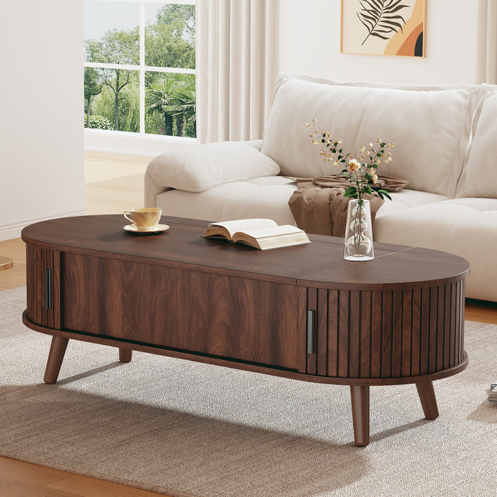 Lift Top Dark Wood Oval Coffee Table with Hidden Storage 120x50cm VASEEDGE
