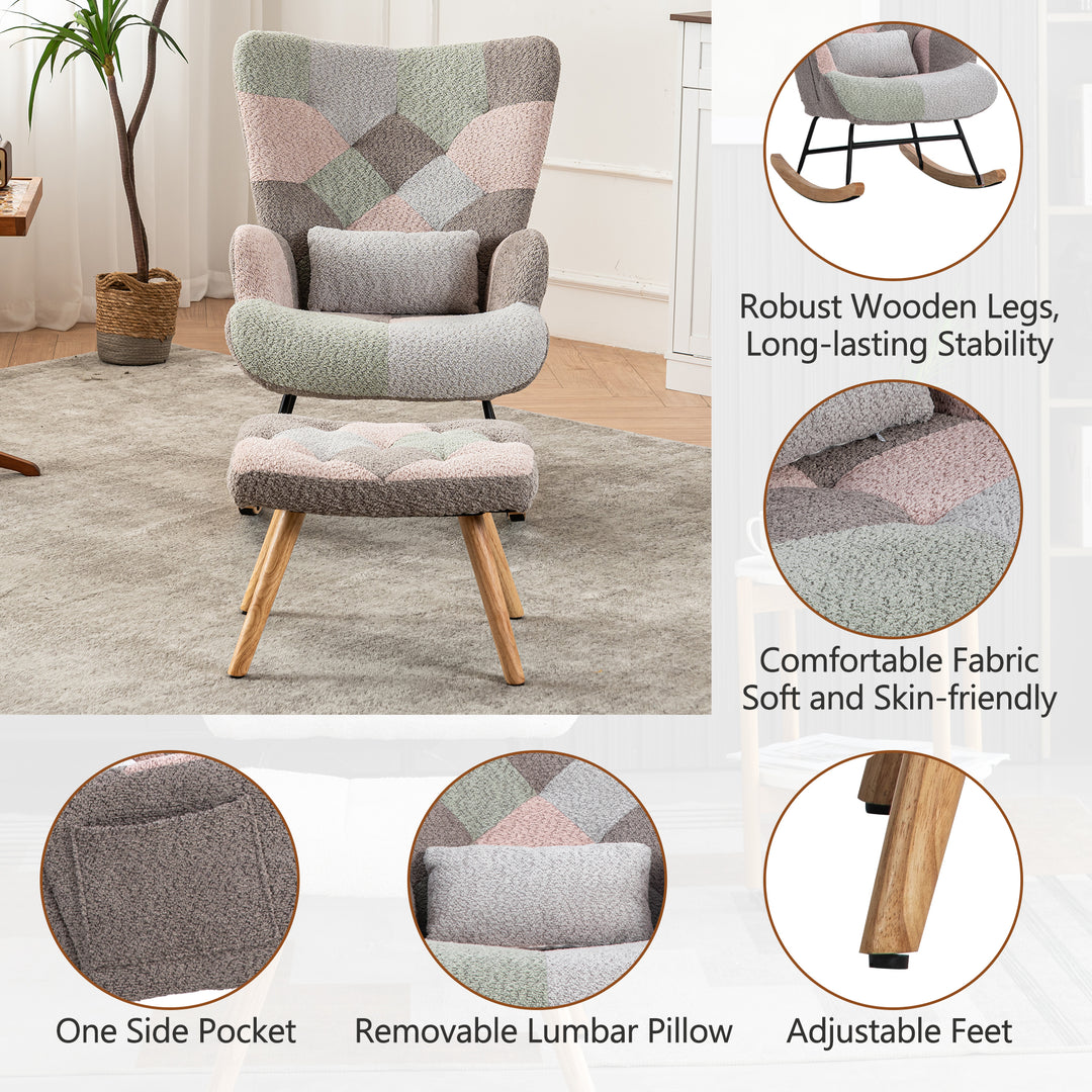 Patchwork rocking chair with footstool, bouclé fabric accent chair with wooden legs and cushion RECTRIX