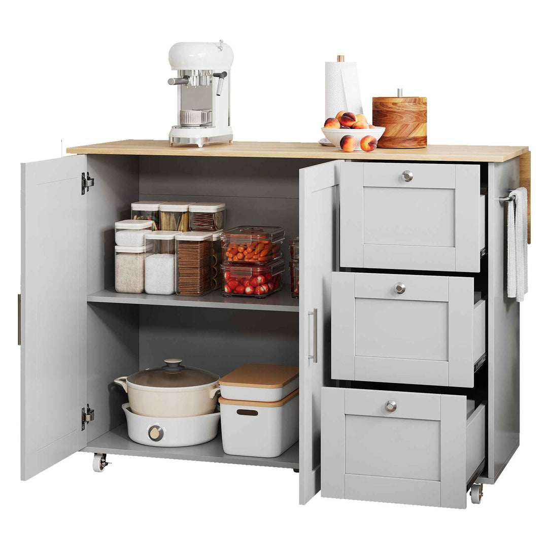 00+Kitchen Island on Wheels Grey Foldable Tabletop, 3 Drawers, 2 Doors, for Dining & Living Room VERTEXRYN