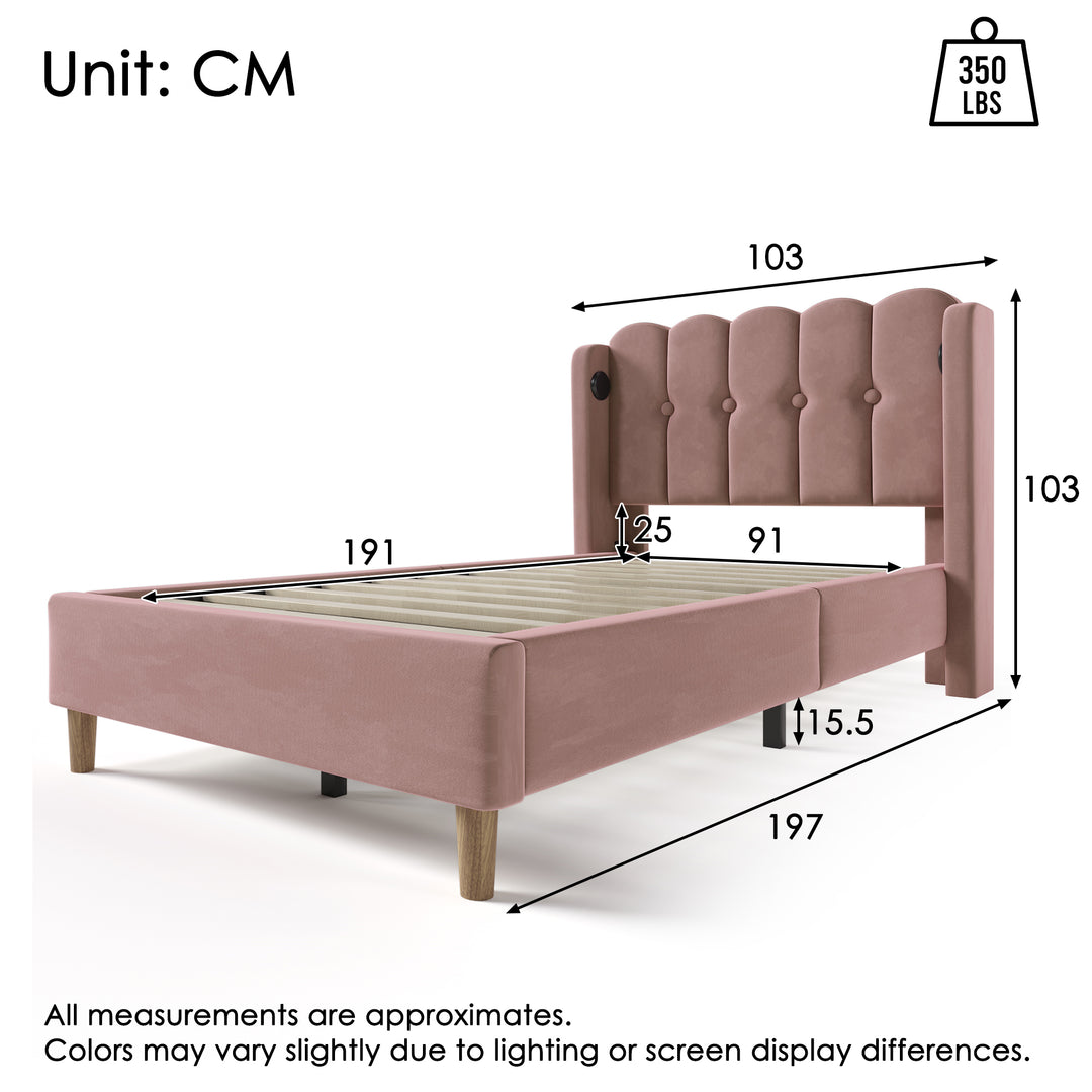 Pink velvet upholstered single divan bed frame with USB charging KRIGIED SINGLE PINK UK