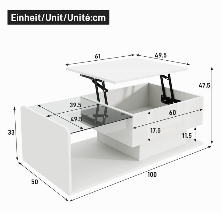 White high-gloss rectangular coffee table and LED lighting with glass top LUNG