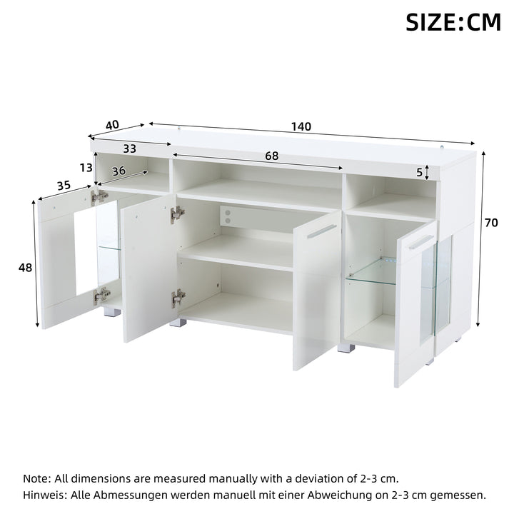 White high gloss sideboard cabinet with LED lights and glass shelves 140x40x70cm QUADSCREEN
