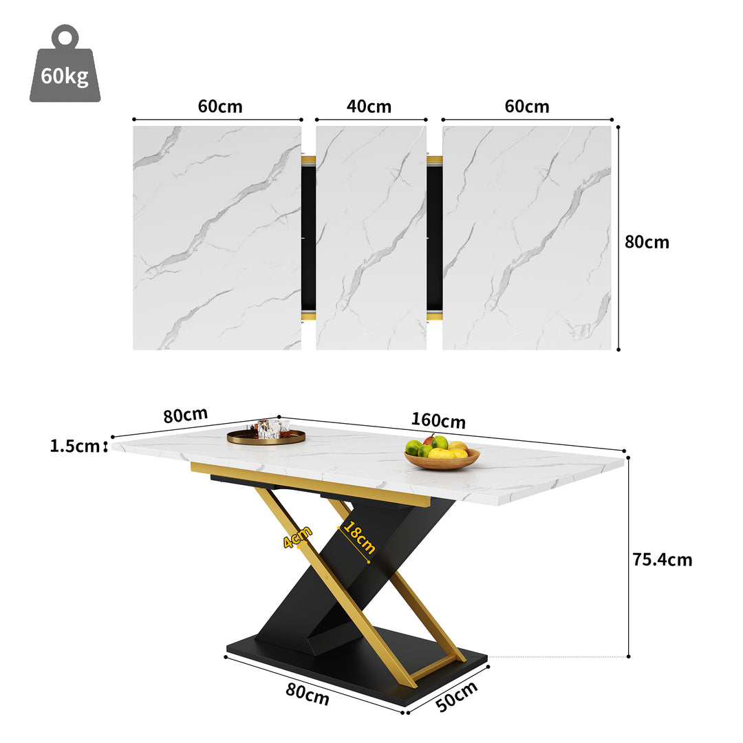 Extendable dining table 120–160 × 80 cm with marble-look top and golden cross legs COPPICEKNOLL