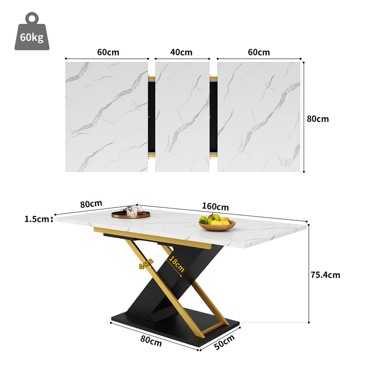 Extendable dining table 120–160 × 80 cm with marble-look top and golden cross legs COPPICEKNOLL