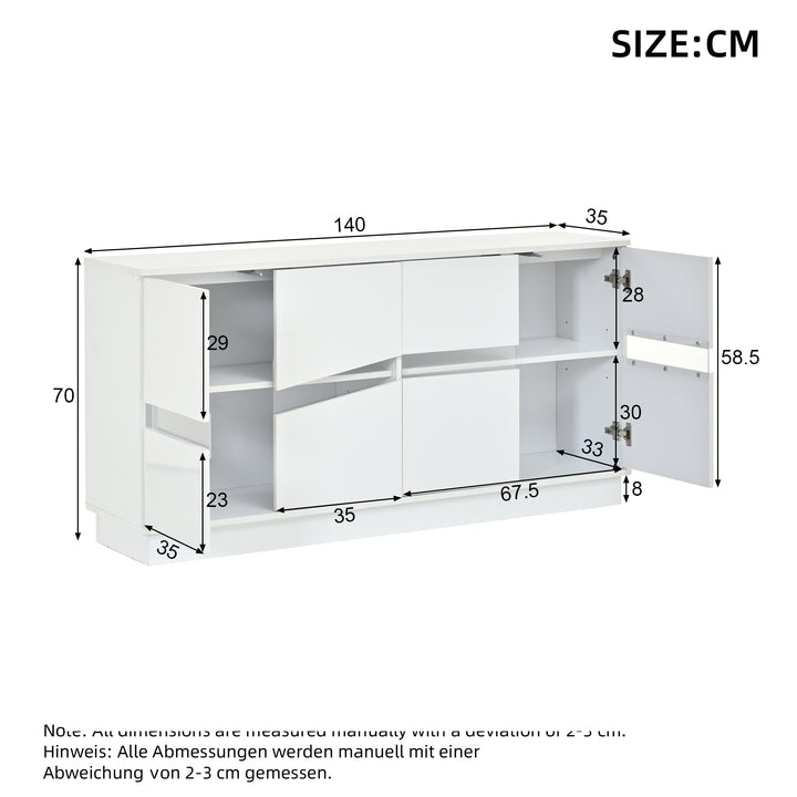 White High-Gloss Sideboard&nbsp;with 4 Doors & LED Lighting 140cm WICKERTABLE