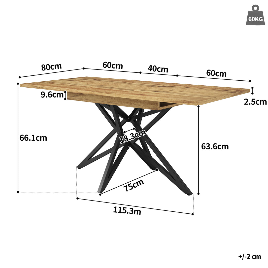 Extendable walnut-look dining table (120-160cm) with star-shaped metal legs SILKROUTE