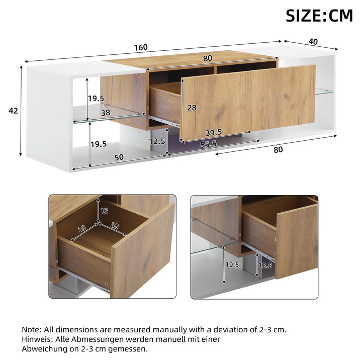 White & wood LED TV stand with 2 drawers and 5 open storage glasses shelves 160×40×42cm LIVERWORTLOBE