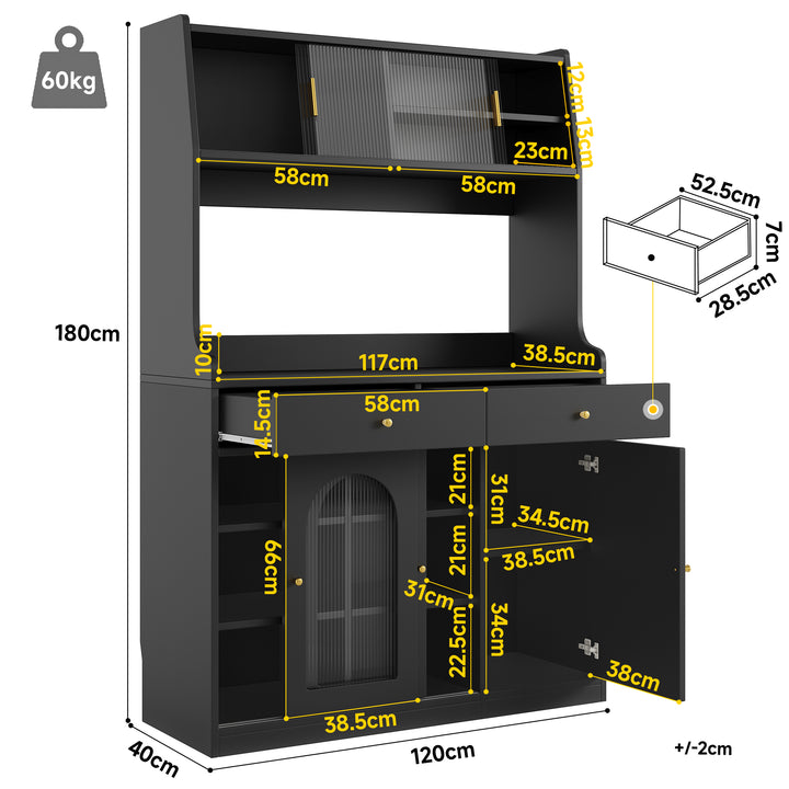 Black high kitchen hutches with glass display and LED lighting BATHOLITH