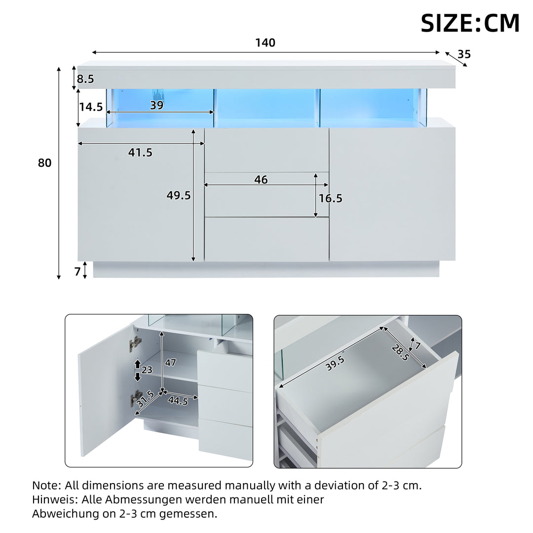 Modern White Sideboard 2 Doors 3 Drawers with LED Lights 140cm WOODMIRROR