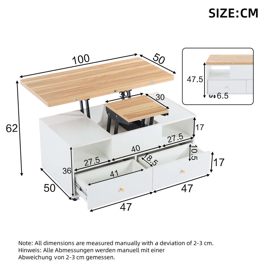 White dual lift-top coffee table 4 drawers with wheels PHOSPHOLIP