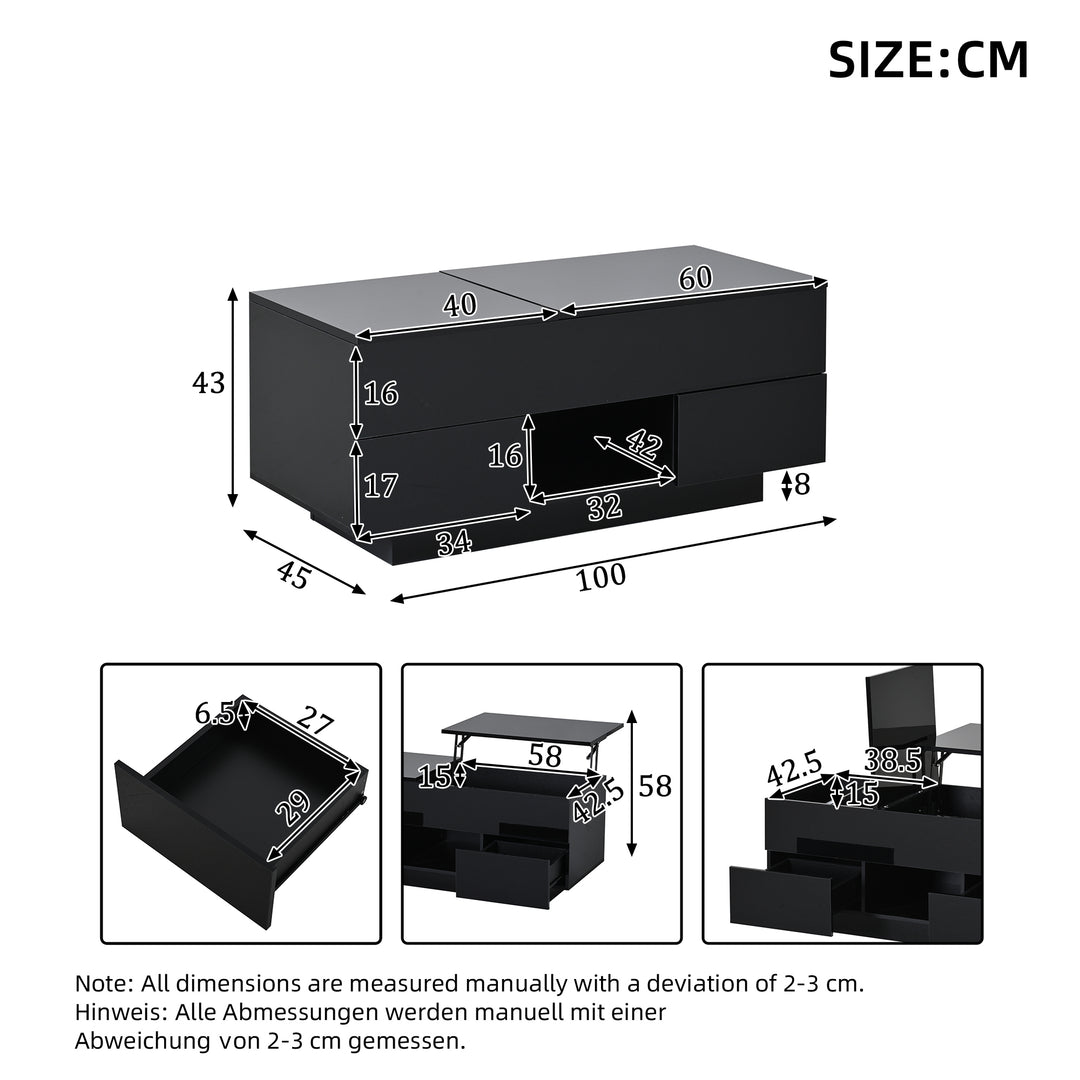0Lift-top black high gloss coffee table with LED 100x45x43cm IRON CHEST