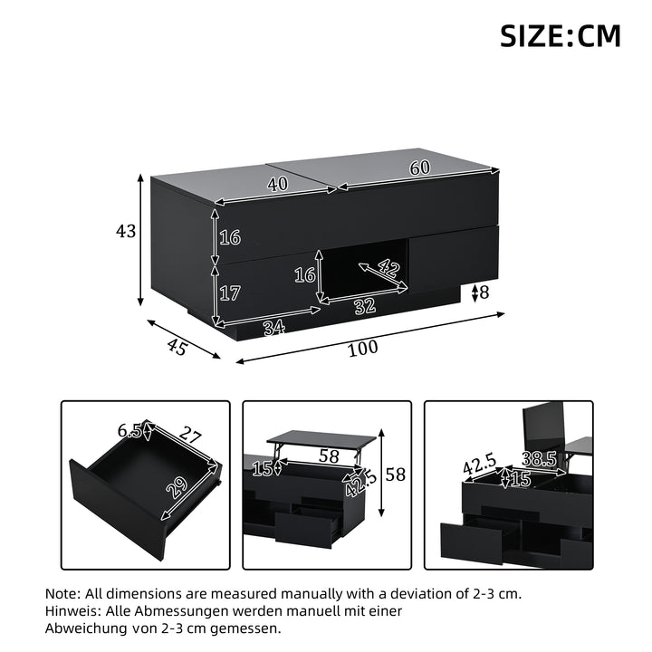0Lift-top black high gloss coffee table with LED 100x45x43cm IRON CHEST