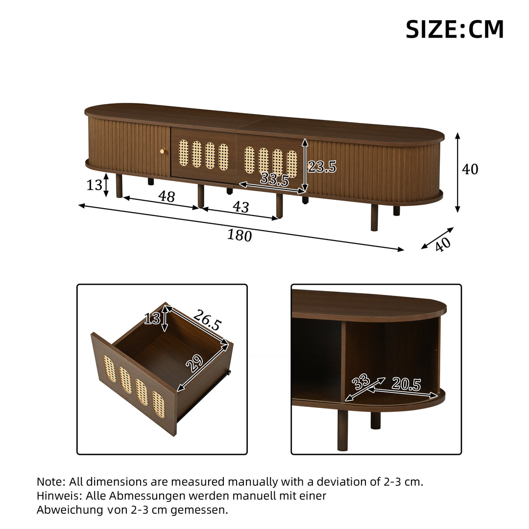 Walnut Oval TV Stand with 2 Drawers and 2 Tambour Doors with Rattan 180cm VANITYPLUS